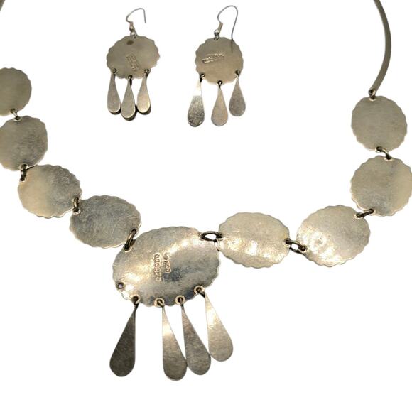 Alpaca Taxco Mexico Necklace Earrings Set Turquoise Inlay As Found Unpolished - Picture 9 of 15